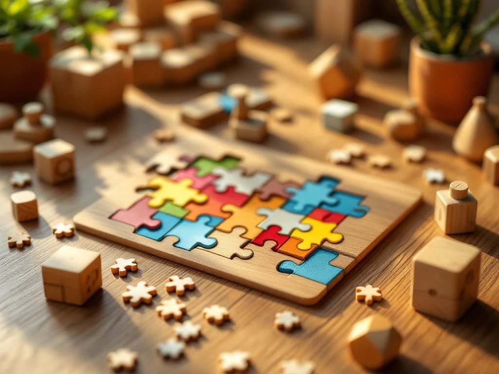 Colorful jigsaw puzzle and wooden brain teaser collection arranged on oak table with natural lighting