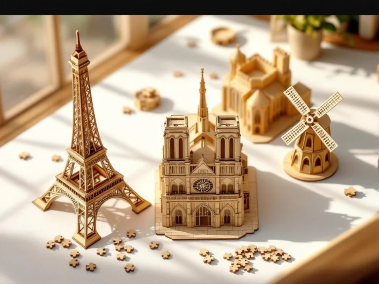 Drie houten 3D puzzels van Eiffeltoren, Notre-Dame en windmolen in verschillende stadia van voltooiing op witte ondergrond.