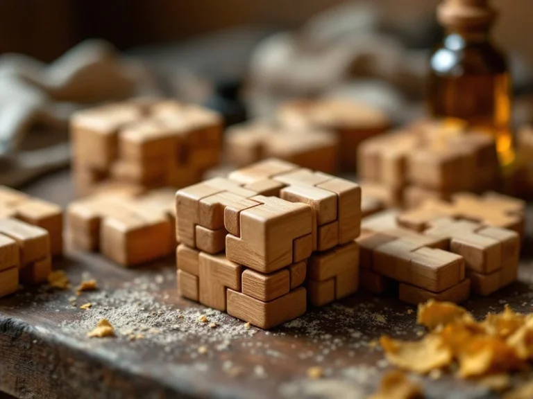 Houten breinbrekers op rustieke werkbank met onderhoudsgereedschap en warme natuurlijke verlichting