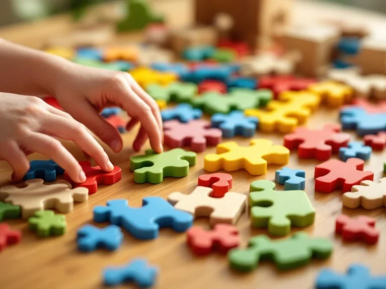 Child's hands reaching for colorful wooden puzzle pieces on oak table, showing toddler to advanced puzzles in progression