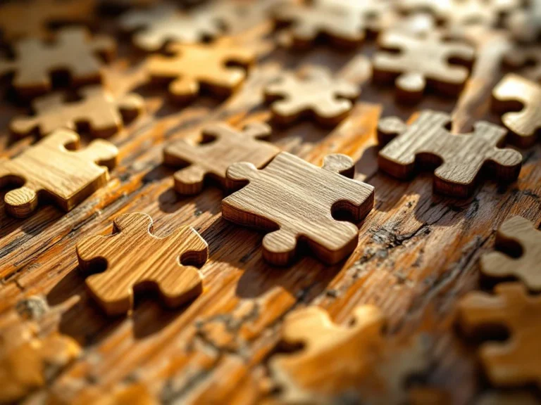 Wooden jigsaw puzzle pieces on oak table with one misaligned warped piece casting shadow in warm natural light