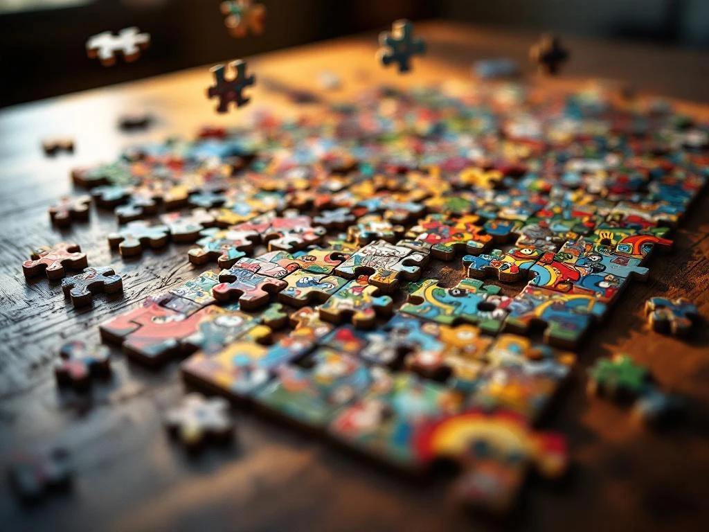 Gedeeltelijk voltooide Jan van Haasteren puzzel op houten tafel met kleurrijke chaotische cartoonscènes en verborgen details