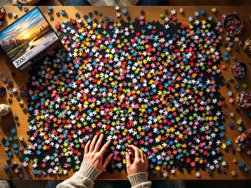 Person in sweater working on large 2000-piece jigsaw puzzle at wooden table with scattered pieces and colorful landscape box