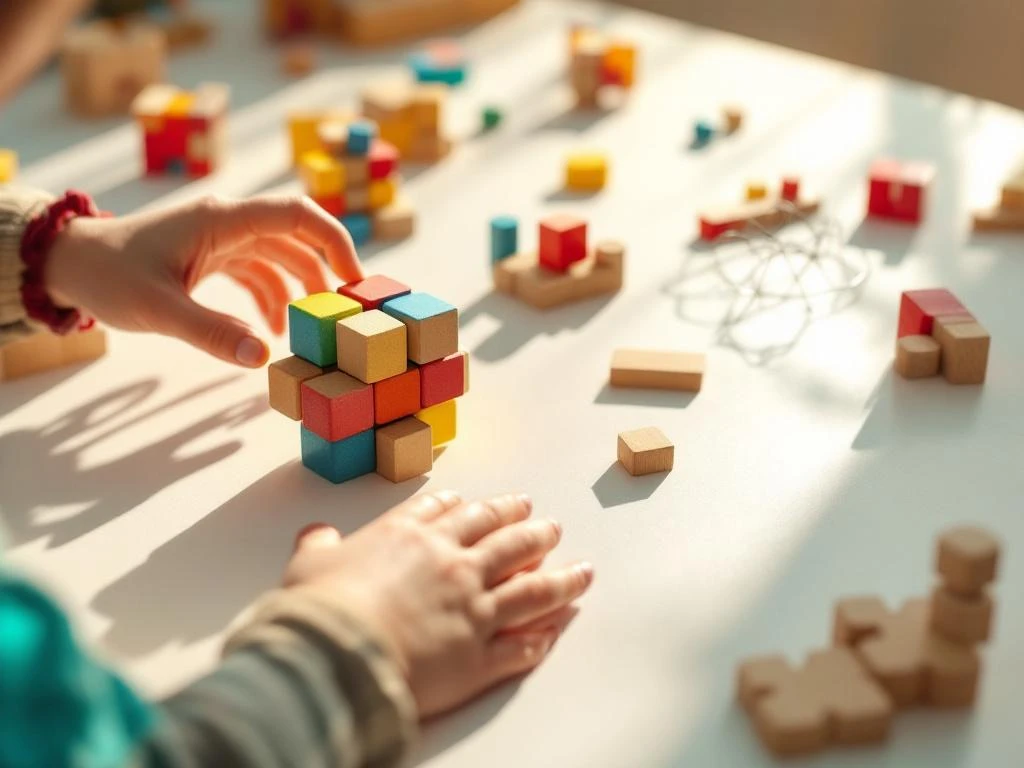 Child's hands reaching for colorful wooden puzzle cube surrounded by various brain teaser puzzles on white surface