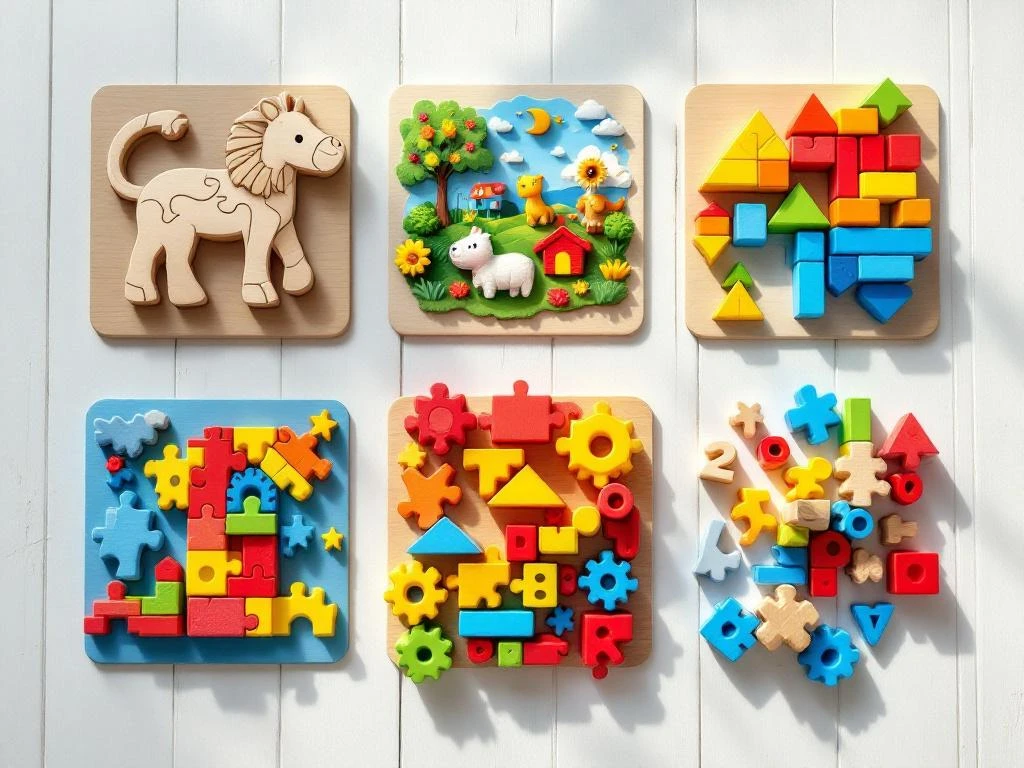 Six colorful children's puzzles including wooden animal shapes, jigsaw, blocks, and Rubik's cube on white wooden surface