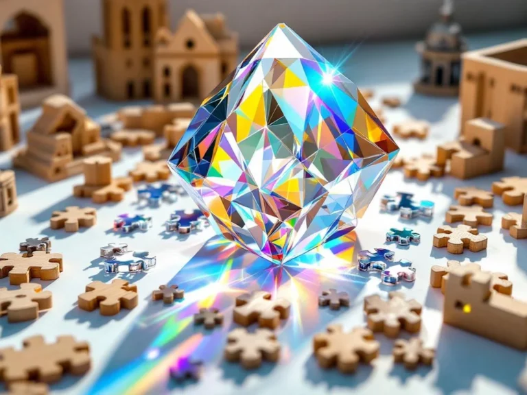 3D crystal puzzle with transparent geometric pieces refracting rainbow light, surrounded by wooden puzzle pieces on white surface.