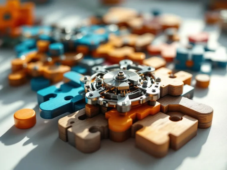 Colorful brain teasers and mechanical puzzles arranged on white surface with metal, wooden and geometric pieces in focus.