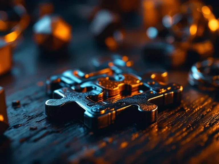 Partially solved metal brainteaser puzzle on dark wood surface with geometric puzzle pieces blurred in background