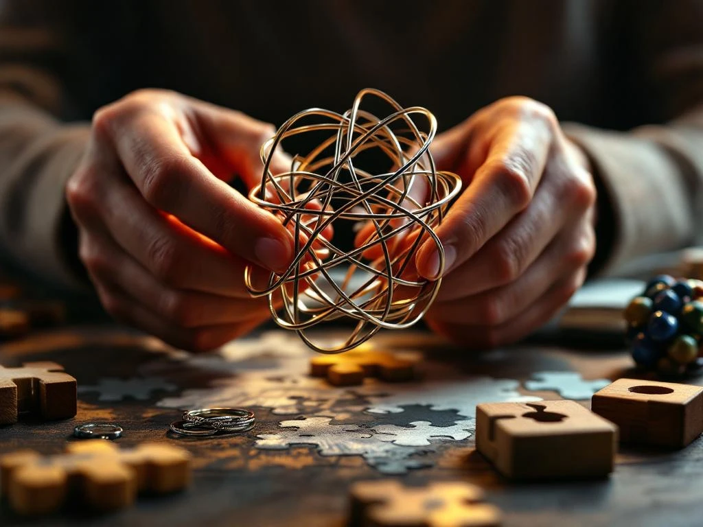 Hands solving complex metal wire puzzle with colorful brain teasers scattered on wooden desk in warm lighting