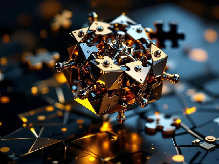 Metallic brain teaser puzzle with chrome and brass interlocking pieces partially separated, showing solving process