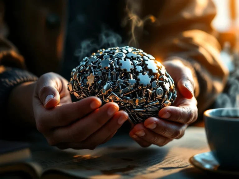 Hands holding metallic brain teaser puzzle in library setting with coffee mug and warm lighting creating shadows
