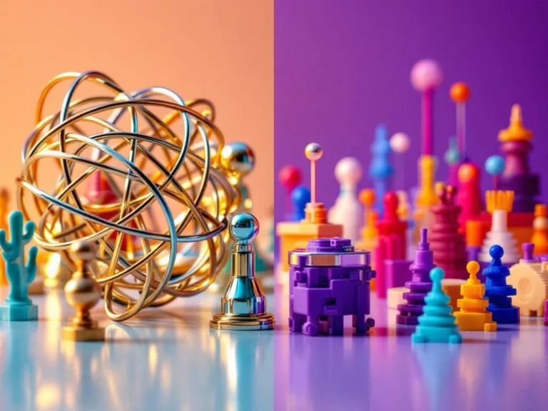 Premium metal brain teaser puzzles with chrome finish displayed alongside colorful plastic puzzle variants in split-screen comparison