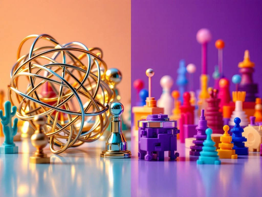 Premium metal brain teaser puzzles with chrome finish displayed alongside colorful plastic puzzle variants in split-screen comparison