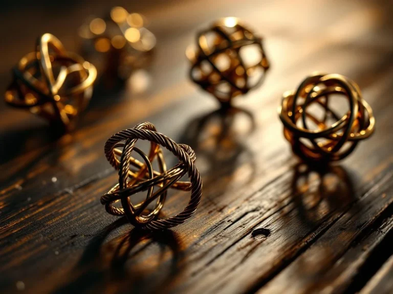 Metallic brain teaser puzzles with interlocking rings and geometric shapes arranged on dark wooden surface with dramatic lighting.