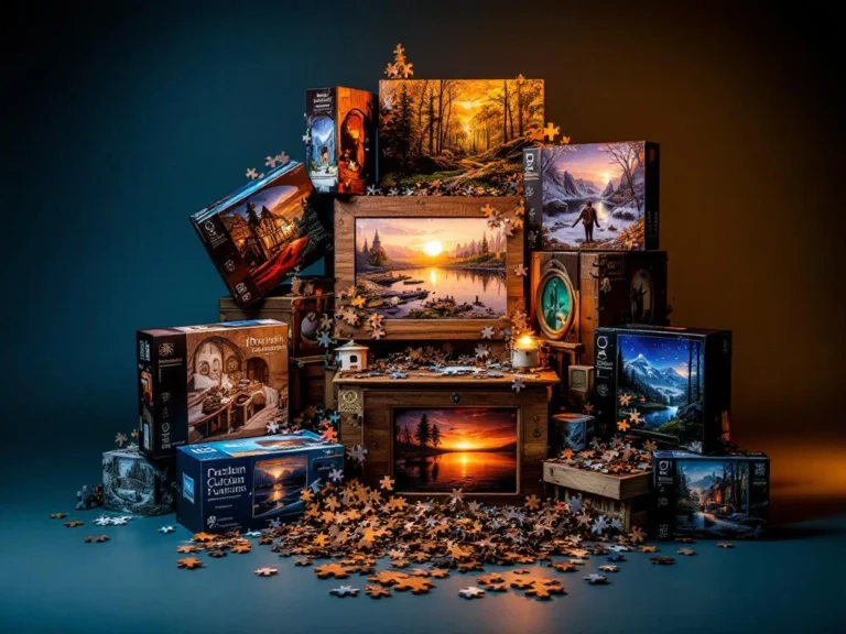 Premium jigsaw puzzles in various completion stages with wooden and cardboard pieces, stacked boxes showing different themes
