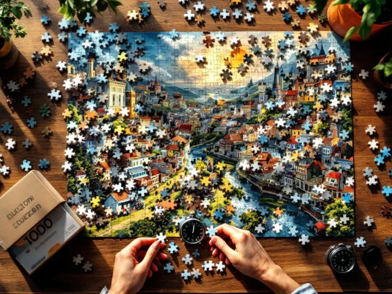 Overhead view of partially completed 1000-piece jigsaw puzzle on wooden table with scattered pieces and stopwatch timing