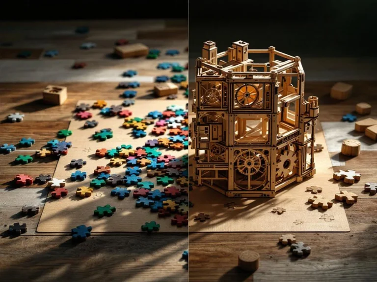 Split-screen vergelijking van traditionele legpuzzel met gekleurde stukjes links en complexe 3D houten puzzel rechts