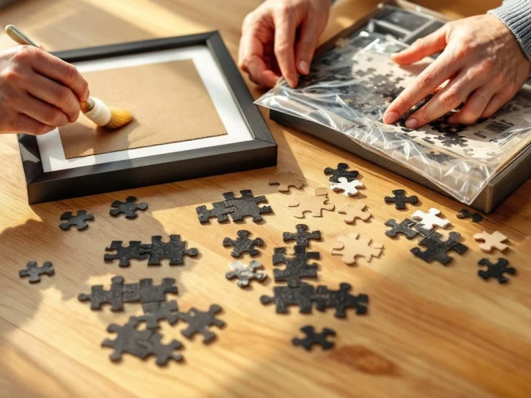 Four jigsaw puzzle preservation methods on wooden surface: applying adhesive with brush, framed puzzle, plastic-wrapped puzzle, and storage box with compartments.