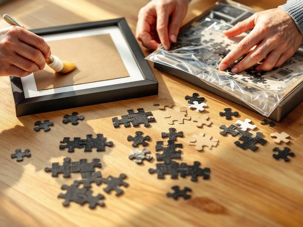 Four jigsaw puzzle preservation methods on wooden surface: applying adhesive with brush, framed puzzle, plastic-wrapped puzzle, and storage box with compartments.