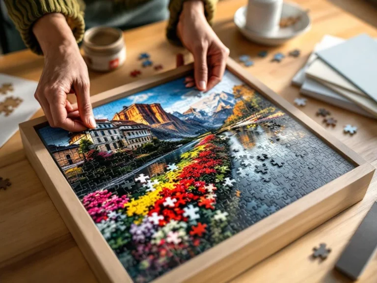 Hands placing completed colorful jigsaw puzzle into preservation frame with storage accessories on wooden table