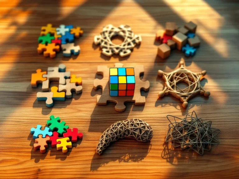 Diverse puzzle collection on wooden table including Rubik's cube, jigsaw pieces, brain teasers and geometric blocks