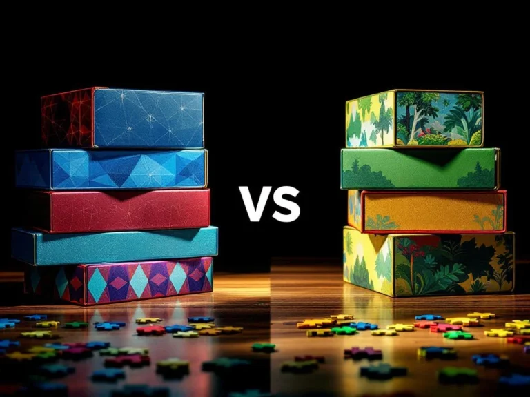 Two stacks of colorful puzzle boxes on wooden surface: blue and red geometric designs versus green and yellow nature patterns