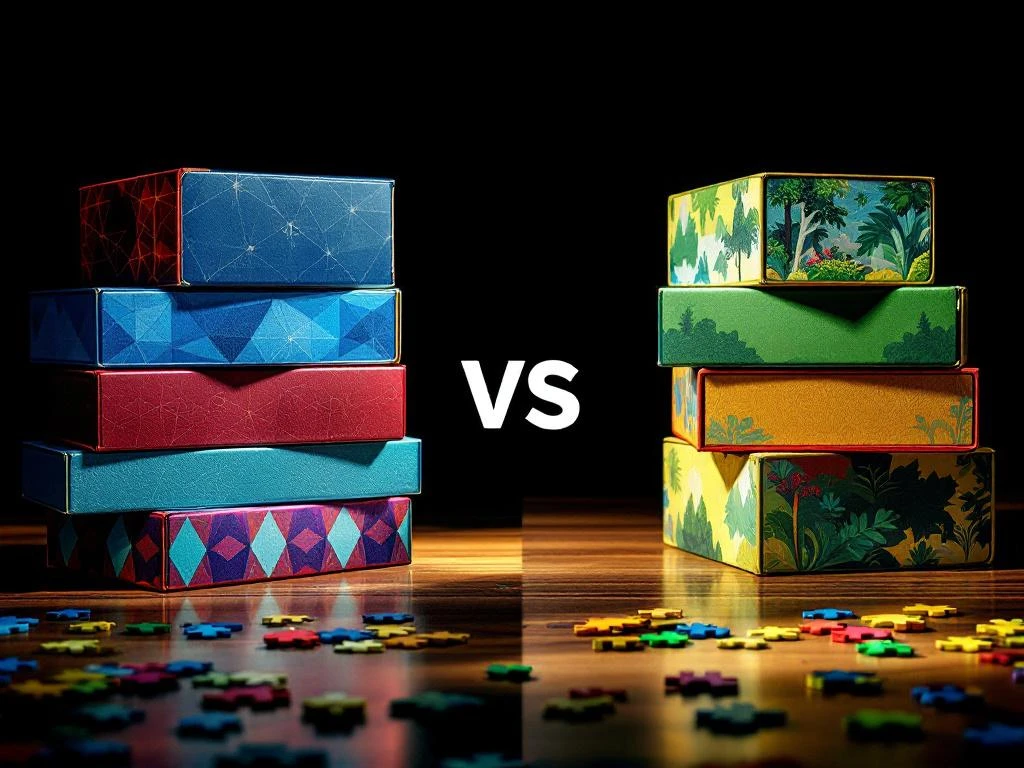 Two stacks of colorful puzzle boxes on wooden surface: blue and red geometric designs versus green and yellow nature patterns