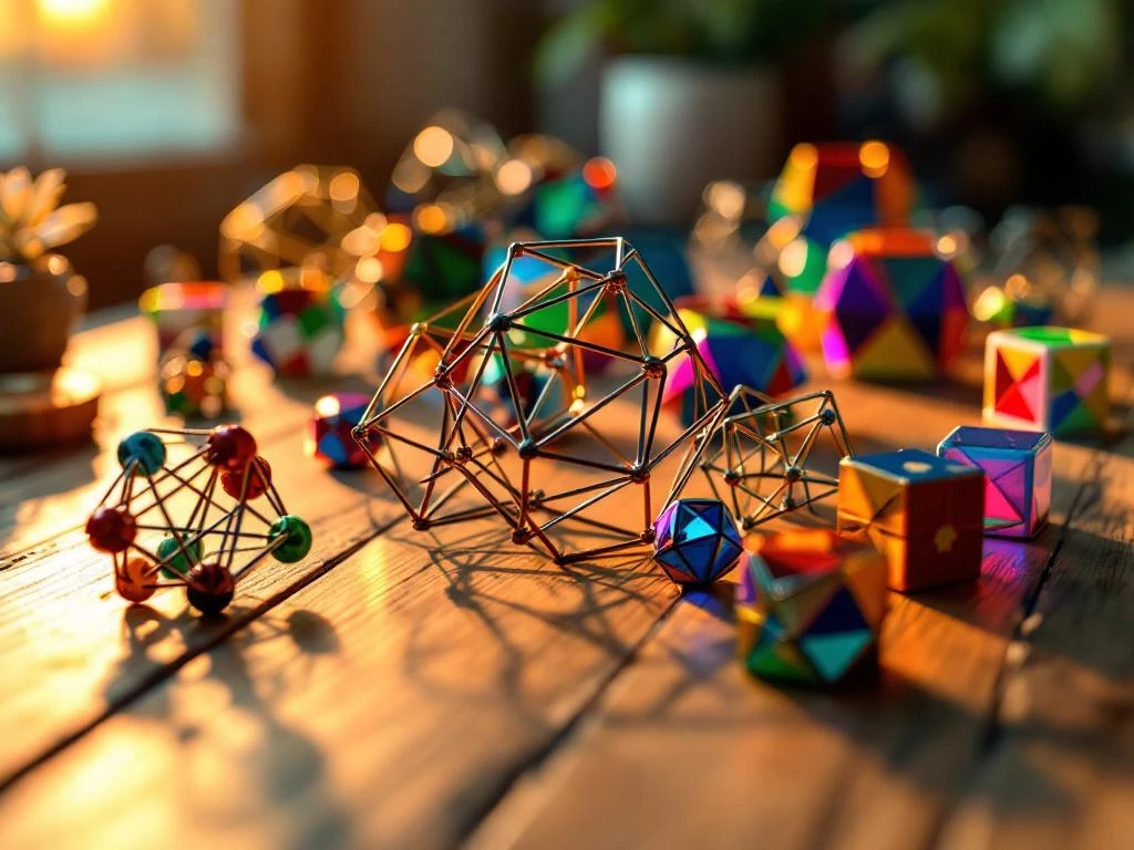 Colorful puzzle cubes and brain teasers arranged on wooden surface with dramatic lighting, showcasing problem-solving games