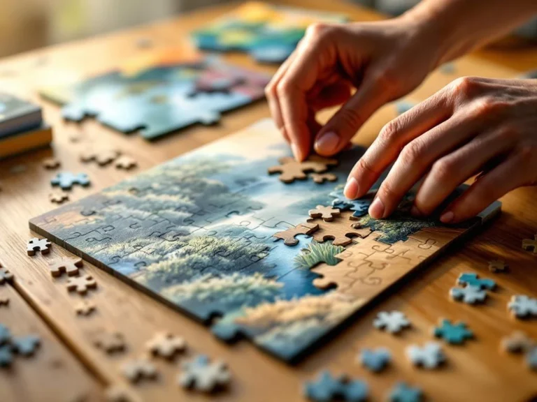 Hands placing final piece into wooden jigsaw puzzle showing nature scene, with scattered pieces on wooden table