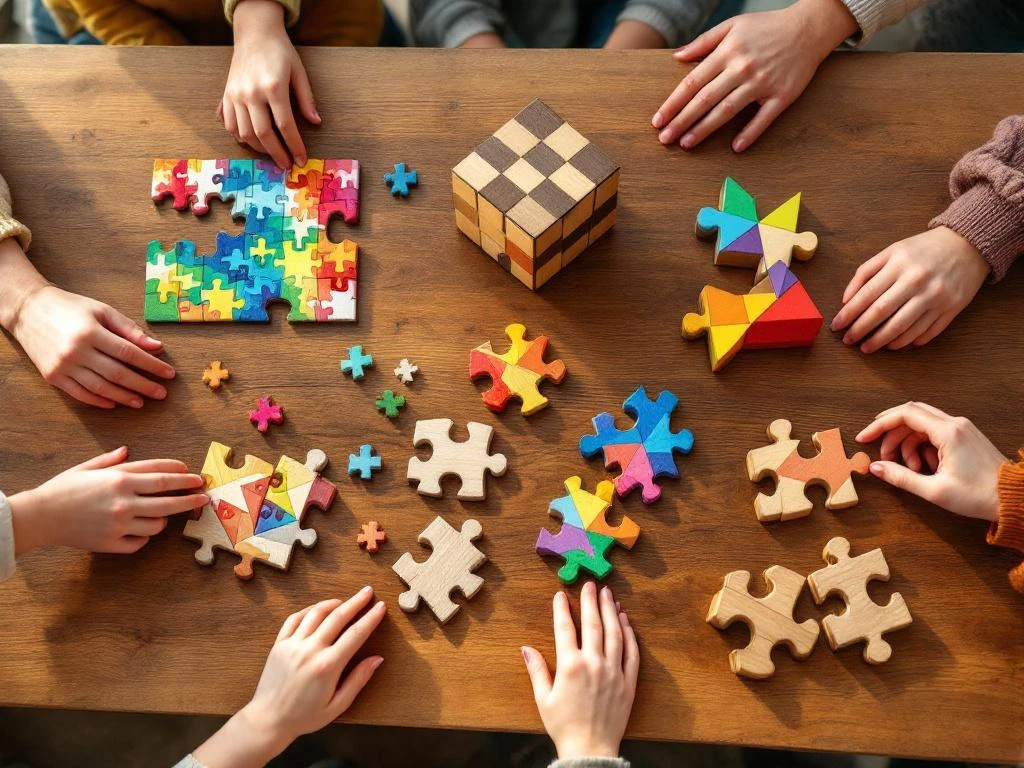 Family hands reaching for five different puzzles on wooden table: jigsaw, brain teaser cube, and geometric puzzles
