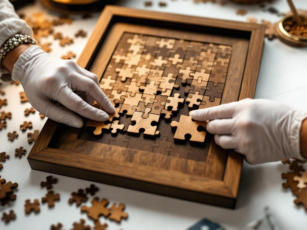 Hands in white gloves placing final wooden puzzle piece into modern frame, showing glue-free framing technique with tools nearby.