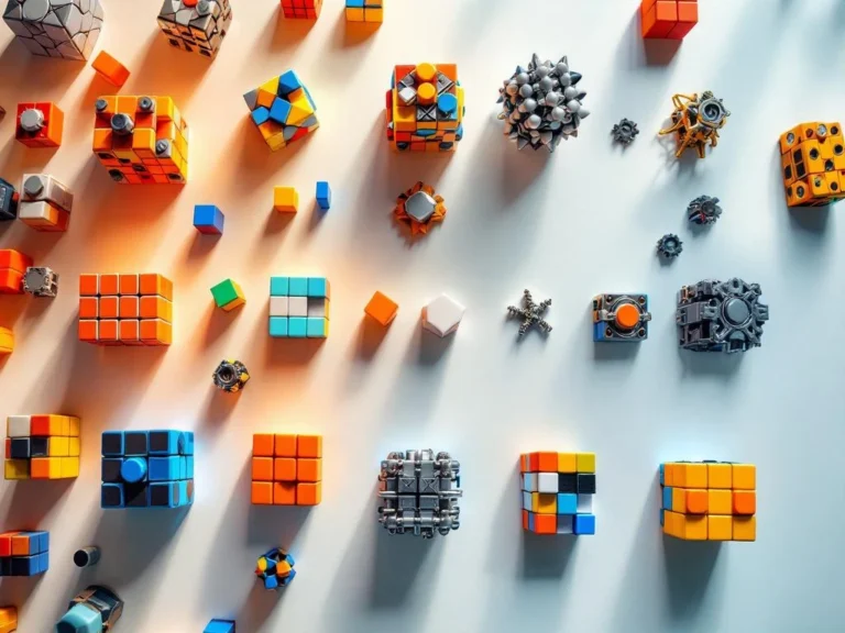 Overhead view of brain teaser puzzles and cubes arranged by difficulty level on white surface, from colorful beginner to metallic advanced puzzles.