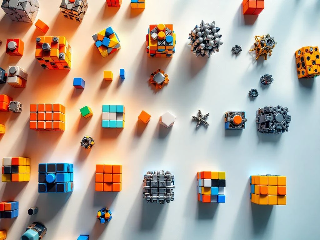 Overhead view of brain teaser puzzles and cubes arranged by difficulty level on white surface, from colorful beginner to metallic advanced puzzles.