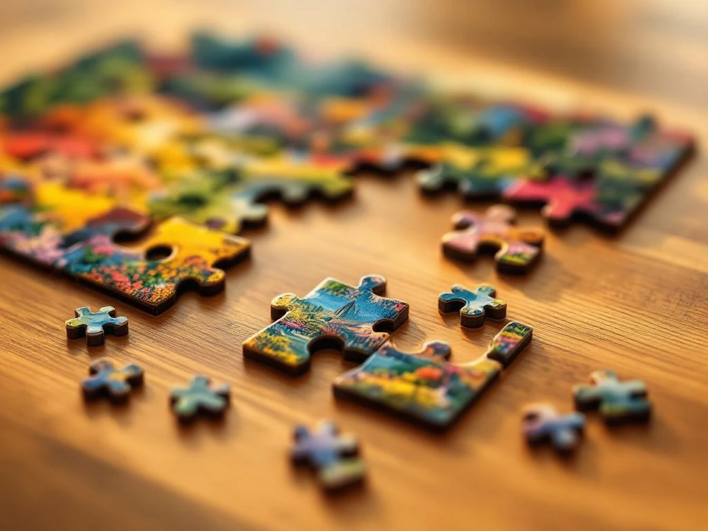 Incomplete jigsaw puzzle with missing pieces showing colorful landscape scene on wooden table with scattered pieces nearby