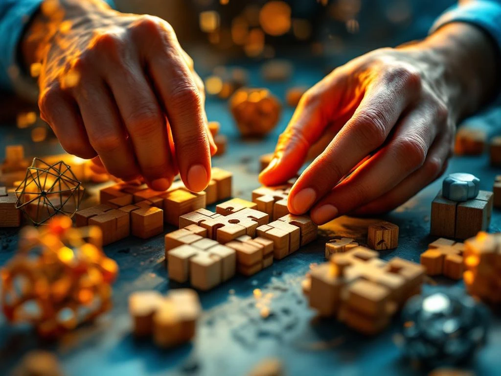 Hands rapidly solving wooden brain teaser puzzle with colorful 3D puzzles scattered around, dramatic lighting highlights textures