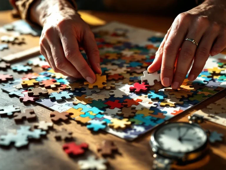 Hands placing final puzzle piece to complete colorful jigsaw puzzle on workspace with stopwatch and scattered pieces