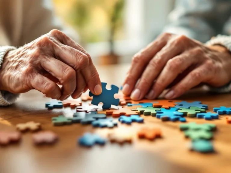 Elderly hands placing colorful wooden puzzle piece on table with natural lighting and scattered pieces nearby