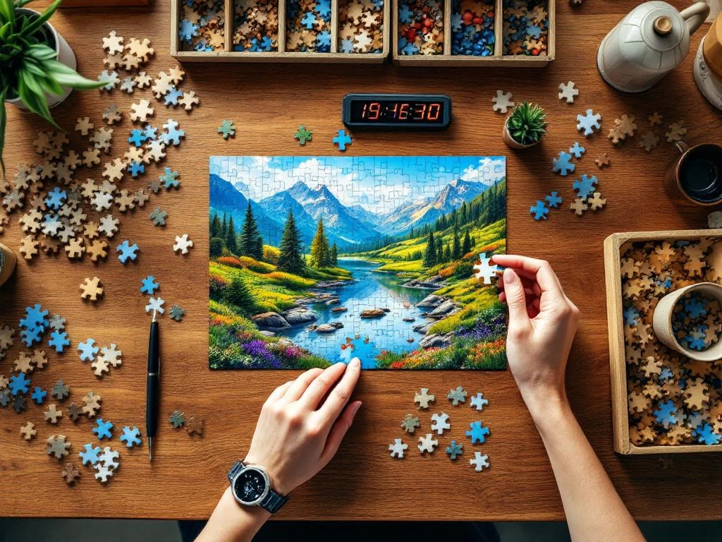 Hands placing puzzle piece into colorful landscape jigsaw on wooden desk with timer and sorting trays nearby