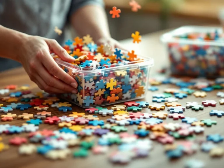 Hands organizing colorful jigsaw puzzle pieces into compartmentalized storage trays on wooden table with natural lighting