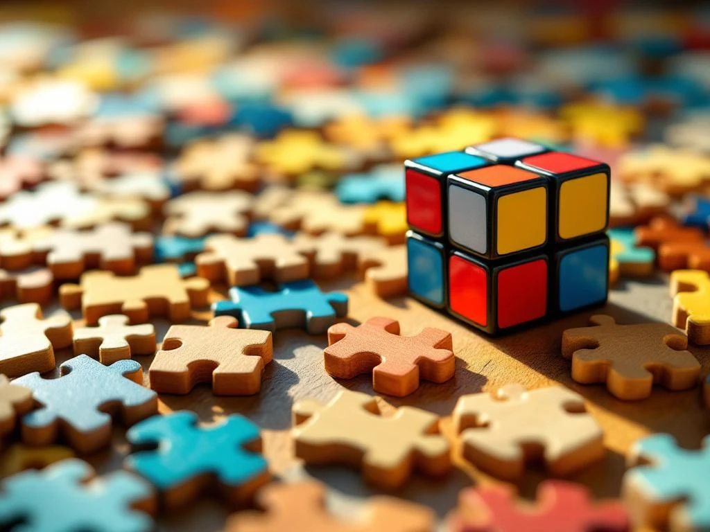 Scattered puzzle pieces with assembly mistakes including forced pieces, bent corners, and misaligned edges in warm lighting.