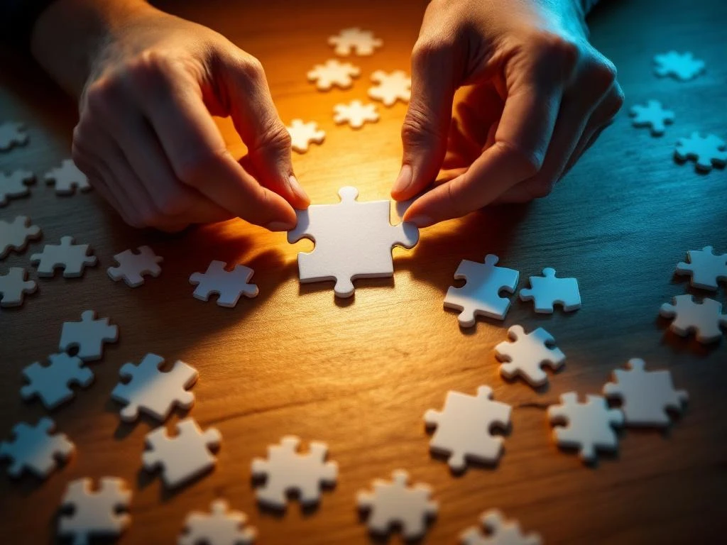 Hands placing white puzzle piece into blank jigsaw puzzle on wooden table with scattered pieces and dramatic lighting
