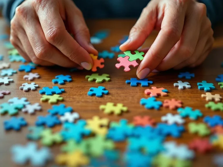 Hands placing colorful jigsaw puzzle pieces on wooden table, fingers holding corner piece above partially completed border