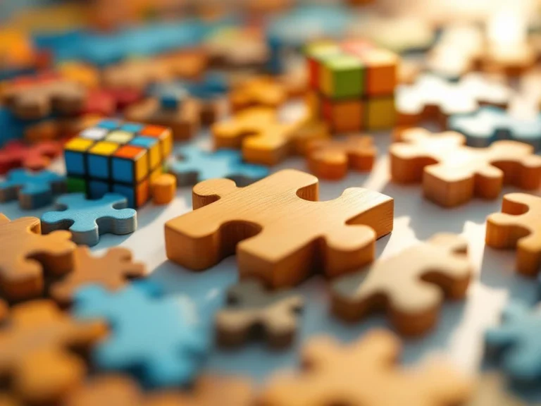 Colorful wooden jigsaw pieces and Rubik's cube segments arranged on white surface with natural lighting and shadows.