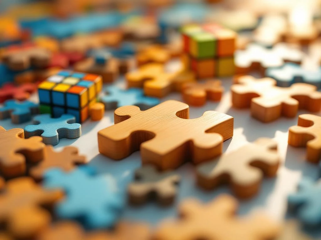 Colorful wooden jigsaw pieces and Rubik's cube segments arranged on white surface with natural lighting and shadows.