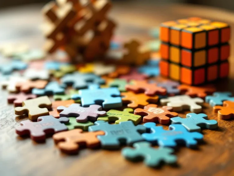 Colorful jigsaw puzzle pieces fitting together on wooden table with brain teaser and Rubik's cube in background