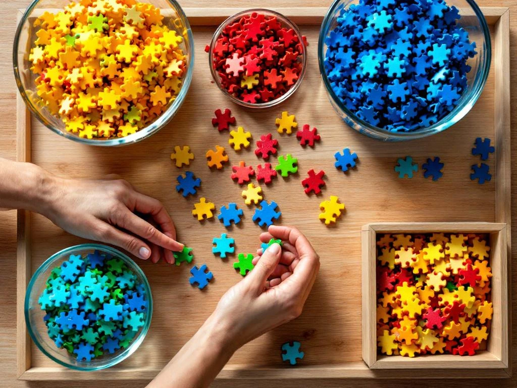 Colorful jigsaw puzzle pieces sorted by color and edge type in glass bowls and wooden trays on wooden table surface.