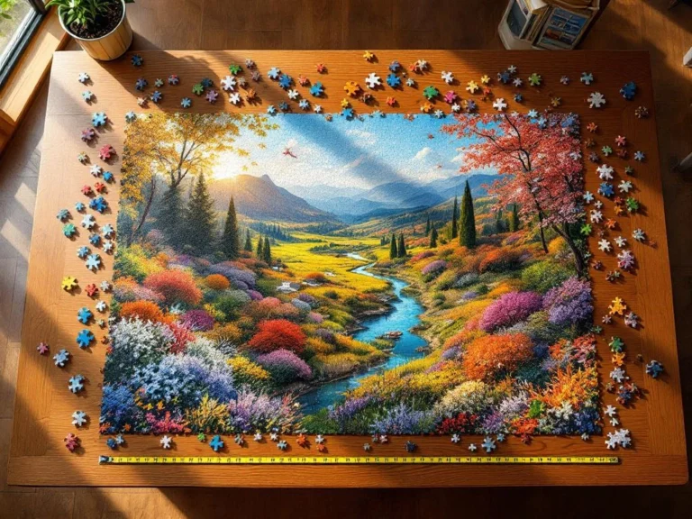 Large 2000-piece jigsaw puzzle in progress on wooden dining table with colorful pieces organized by color in natural light