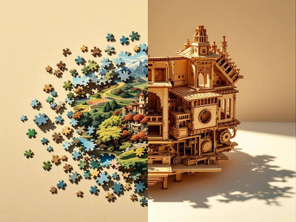 Split-screen vergelijking van platte legpuzzel met kartonnen stukjes links en 3D houten puzzel met tandwielen rechts