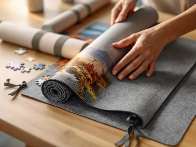 Hands rolling completed landscape jigsaw puzzle on gray felt mat with elastic bands for organized storage on wooden table.