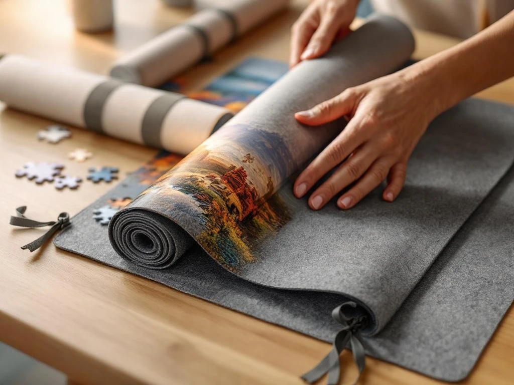 Hands rolling completed landscape jigsaw puzzle on gray felt mat with elastic bands for organized storage on wooden table.